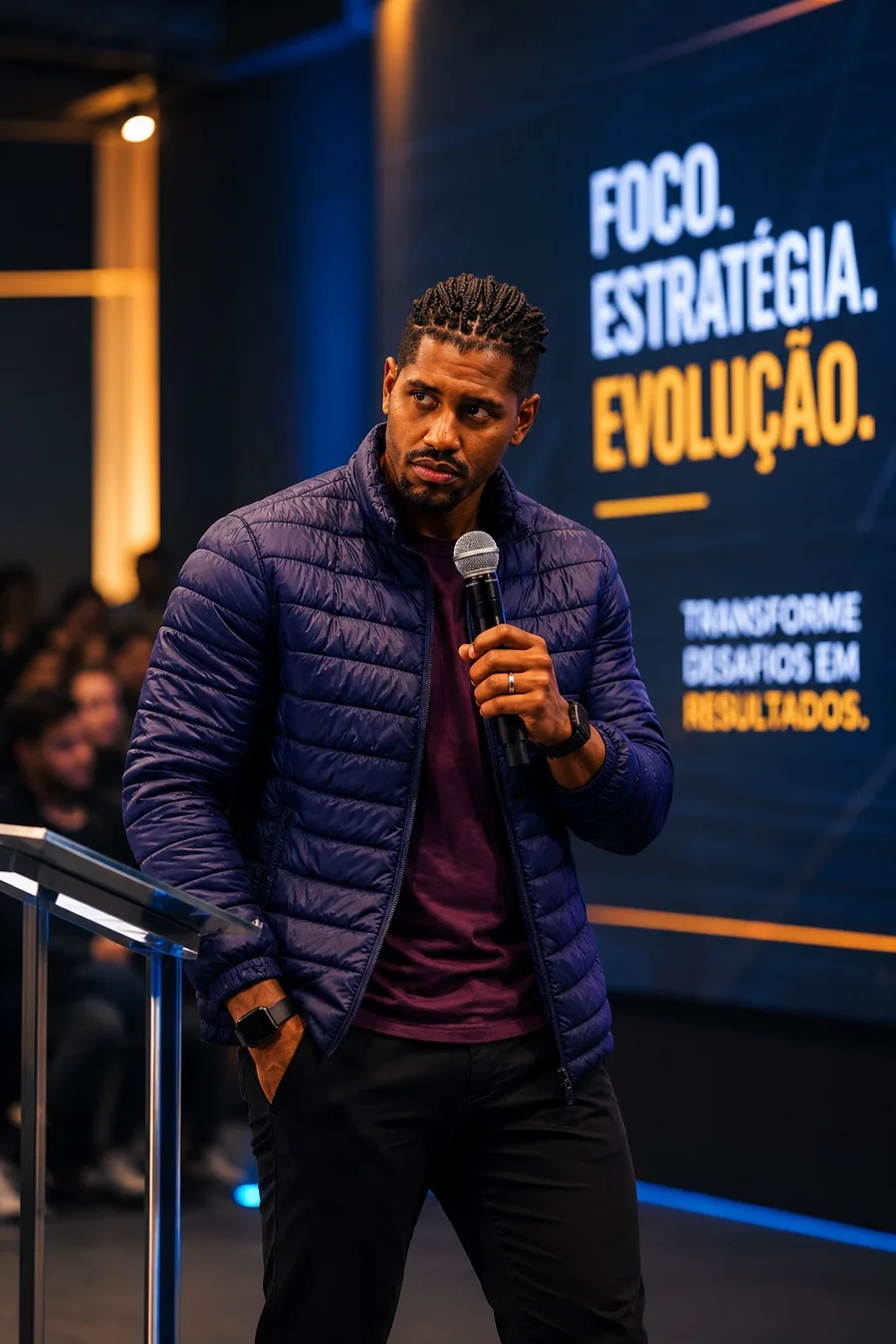 Christian Soares no palco, com microfone na mão, diante do telão com as palavras foco, estratégia e evolução